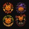 Set of halloween labels with sweets, candy corn, bones, bat, witch hat, text, pumpkins like human characters