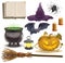 Set Halloween objects accessories. Pumpkin ,lantern, hat, broom, cauldron, spider, bat and old book