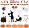 Set halloween objects. Pumpkins, witch and ghost. Sweets and candies