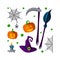 Set of Halloween objects. Witch broom, spider nets, pumpkins, candle and the Grim Reapers scythe. Vector illustration.