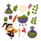 Set Halloween red witch, plant leaves, candy, pumpkin, potion, poison, bottles, eye, lollipop, basket, skull, candles.