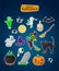 Set of halloween stickers. Holidays pictograms collection of pumpkin, ghost, magic hat, pot, potion, skull, zombie, witch, bat, sp