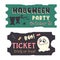 Set of Halloween Traditional holiday coupon isolated. Different color hand drawn tickets. Cute ghost, silhouette of bat, candy,