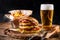 Set of hamburger beer and french fries. A standard set of drinks and food in the pub, beer and snacks. Dark background