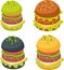 Set of hamburgers. Simple hamburger, double with tomato, black hamburger. Vector image.