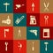 Set Hammer, Cement bag, Pincers and pliers, Trowel, Chainsaw, Angle grinder, Sledgehammer and icon. Vector