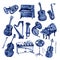 Set of hand draw blue watercolor musical instruments