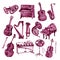 Set of hand draw Burgundy wine watercolor musical instruments