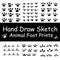 Set hand draw sketch of various animal foot print, cat, dog, bird, rooster, pig, mouse etc