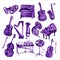 Set of hand draw violet watercolor musical instruments