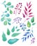 Set hand draw watercolor leaves, illusration, sketch, green color, blue color, purple color herbal ornament