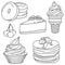 Set of hand drawing desserts; black and white vector illustration.