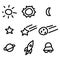 Set of hand drawing line in space concept Sun, moon, star, rocket, ufo
