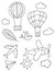 set of hand drawn aircraft icons, balloon, helicopter, bird, sun and clouds