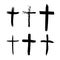 Set of hand-drawn black grunge cross icons, collection of simple Christian cross signs, hand-painted cross symbols