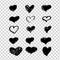 A set of hand-drawn black hearts. Design elements with a grunge texture for gift cards, invitations and valentines