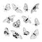 Set of hand drawn black outline butterflies on white background