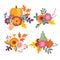 Set of hand drawn bouquets made of pumpkin, apple and pear fruit. Floral composition with colorful leaves and flowers