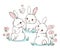 Set Hand Drawn Bunny and little bird, flowers. Cute Rabbits Vector. Print Design for Kids Fashion.