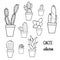 Set of hand drawn cactus plants in a cartoon style including agave, aloe vera and cacti in pots. Line art with transparent