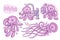 Set of hand drawn cartoon jellyfishes. Sea life illustration. Vector
