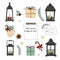 Set of hand drawn cartoon Merry Christmas And Happy New Year elements. Vector Doodle Lantern, greeting box, poinsettia, wreath,