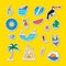 Set of hand drawn colored beach objects stickers. Vector summer travel doodle elements illustration