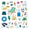 Set of hand drawn colored beach objects. Vector summer travel doodle elements collection with lettering background