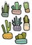 Set of hand drawn colorful flat small and large cactuses in pots isolated on the white background.