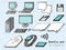 Set of hand-drawn computer icons. Vintage PC, gadgets sketch. Retro technology elements in cartoon style. Doodle print. 90s Floppy