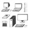 Set of hand-drawn computer icons. Vintage PC, gadgets sketch. Retro technology elements in cartoon style. Doodle print. 90s Floppy