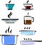 Set of hand drawn cookware, color, vector. Cups of tea and coffee, plate, pots, frying pan