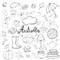 Set of hand drawn doodle elements about autumn. Cozy fall collection of drawings, outline vector drawing