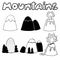 Set of hand drawn doodle sketch mountains. Doodles black silhouette of mountain. Landscape for logo emblem your design. Flat
