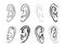 Set of Hand Drawn Ear Sketch Symbol. Vector Listen Element In doodle Style isoleted on white