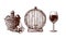 Set of hand drawn elements for wine design. Demijohn bottle with bunch of grapes, old wooden barrel with tap, glass of