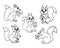 set of hand-drawn funny contour squirrels, with acorns and hazelnuts, for coloring