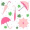 Set of Hand Drawn Glamorous Pink Umbrellas, Maple Leaves and Drops. Perfect for Print. Flat Umbrellas.