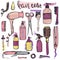 Set of hand drawn hair styling and care products and items