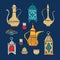 Set of hand drawn iftar dinner icons. Arabic teapot, cup of coffee, plate with date fruit and ornamental lanterns for
