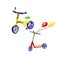 Set hand drawn illustration child colorful bicycle and scooter with balloons on white background for healthy lifestyle design.