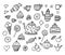Set of Hand drawn Kids icons. Doodle style. Vector objects from a child`s life. Abstract birthday elements for bruches. Sweets