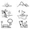 Set of hand drawn landscape related vector icon line design such as beach, desert, mountain, park and more. with doodle cartoon