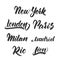 Set of hand drawn lettering template for emblem of Cities. New York, London, Paris, Milan, Madrid, Rio, Lion.