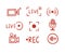 Set hand drawn live streaming doodle icons. Video broadcasting Button, red symbols. TV, news, shows