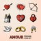 Set of hand drawn Love Amour icons with - heart arrow, two hearts, cupid bow, couple, pulse, locker, bird, rings