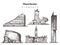 Set of hand-drawn Manchester buildings elements sketch vector illustration