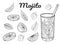 Set of hand drawn monochrome cocktail mojito, lime, mint and ice cubes.