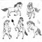 Set of hand drawn monochrome sketch horses