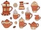 Set of hand-drawn mugs of coffee, tea and cappuccino, a jug of milk, coffee beans, a piece of sugar, half and a slice of lemon, su